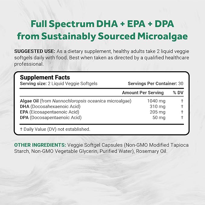 Vegan Omega 3 DHA, EPA & DPA from Algae | Vegan Society Certified, Sustainably Sourced, True Full Spectrum | 60 Veggie Softgels (Carrageenan Free)