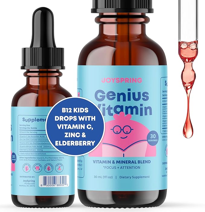 JoySpring Focus Support for Kids – Organic Blend of B9, B12, Zinc & Vitamin C – Brain Health & Attention Supplement for Kids