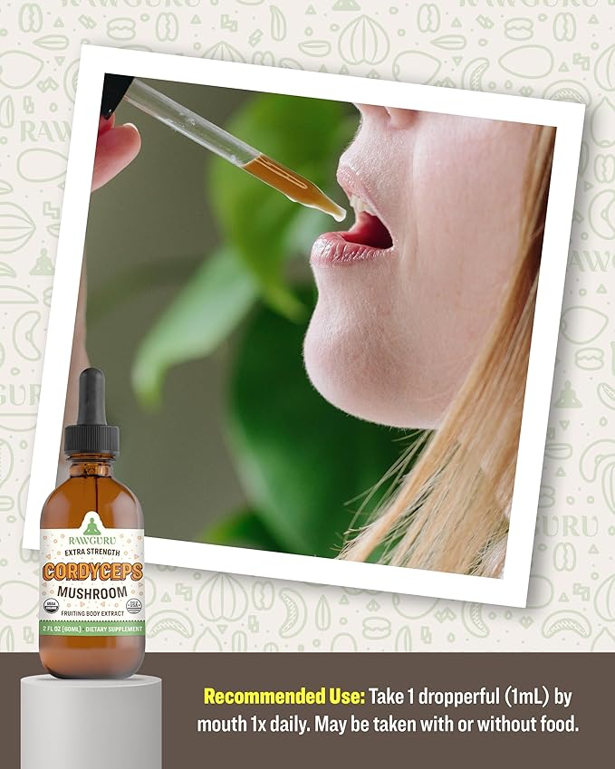 RawGuru Cordyceps Mushroom Supplement - Vegan Cordyceps Extract with Trace Minerals - Nano-Processed Immunity Boost & Cognitive Supplement Tincture - 60 Servings of Vegan Drops per 60 ml, Pack of 1