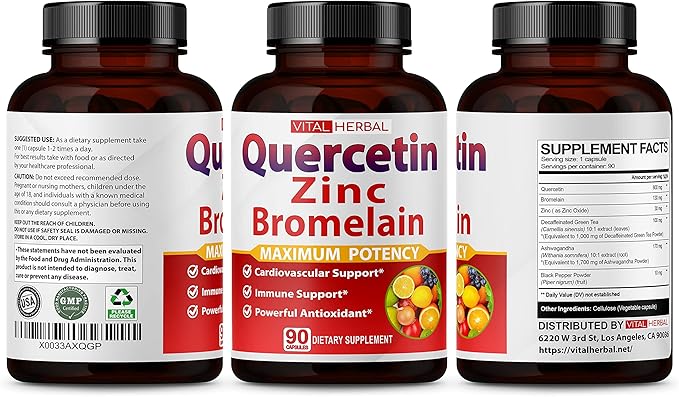 Premium High Purity Quercetin 98% with Bromelain Capsules Equivalent to 3470 mg - Maximum Potency with Green Tea Ashwagandha - Supports Overall Health Strength Energy - 90 Days Supply