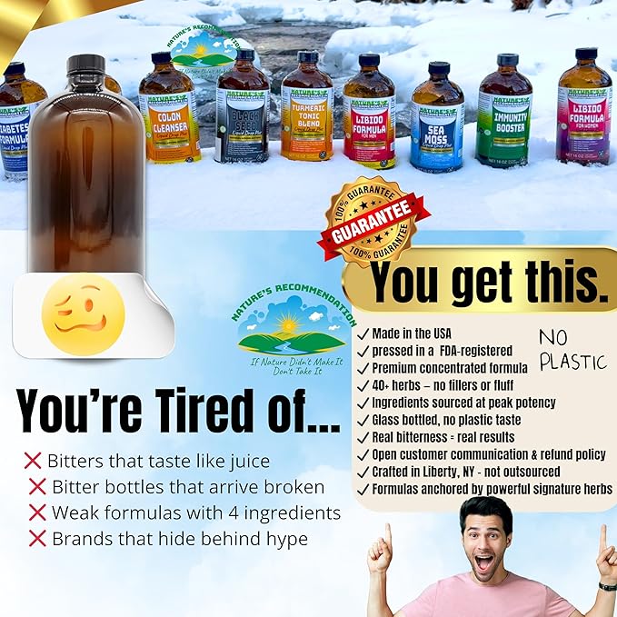Turmeric Tonic Blend Liquid Drop Plus Living Bitters, 16 oz, with Alkalized Spring Water Amber Glass Bottle