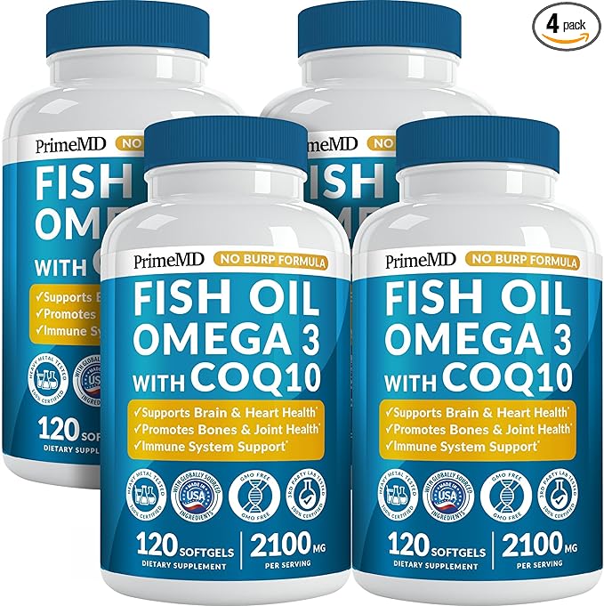 5-in-1 Fish Oil Omega 3 Fatty Supplements (2100mg) - Omega 3 Fish Oil with Vitamins D3 K2 and CoQ10 - Lemon Flavored (120 softgels, Pack of 4)