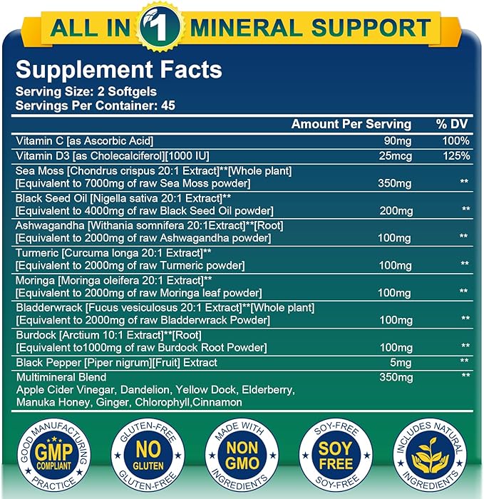 Nature's live Organic Sea Moss Softgels, with Black Seed Oil, Ashwagandha, Bladderwrack, Ginger, Burdock Root, Manuka Honey, Cinnamon for Immune System, Skin, Energy, 90 Softgels, 1 Pack