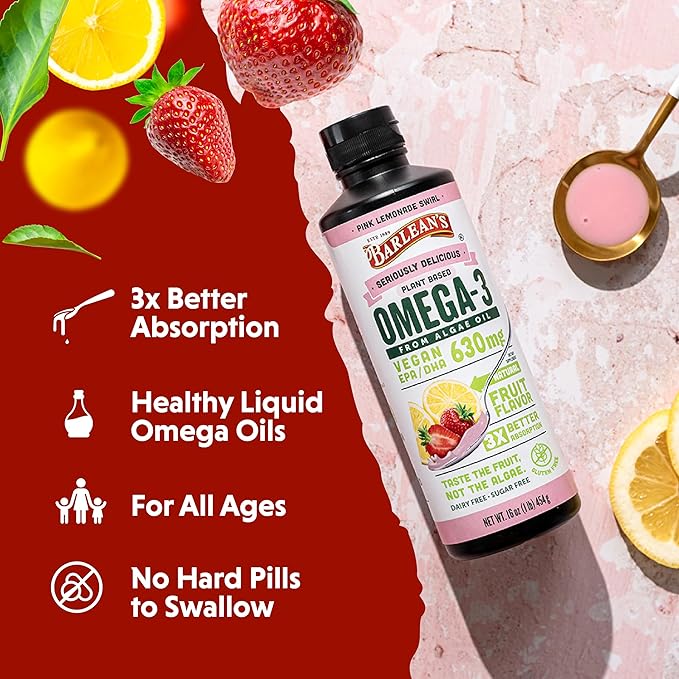Barlean's Pink Lemonade Vegan Omega 3 Supplement, Liquid Algae Oil with 630 mg EPA & DHA, Plant Based Omegas from Algal Oil, Non-GMO & Gluten Free, 16 oz
