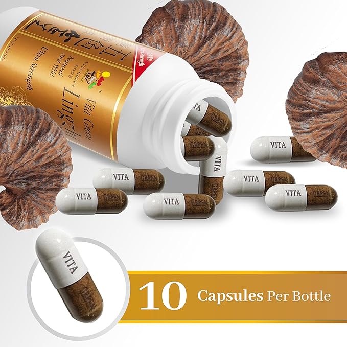 Vita Green Reishi Mushroom Capsules for Energy, Memory, and Immune Support – Pure Reishi Supplement with Natural Antioxidants for Daily Wellness and Engery – 10 Capsules