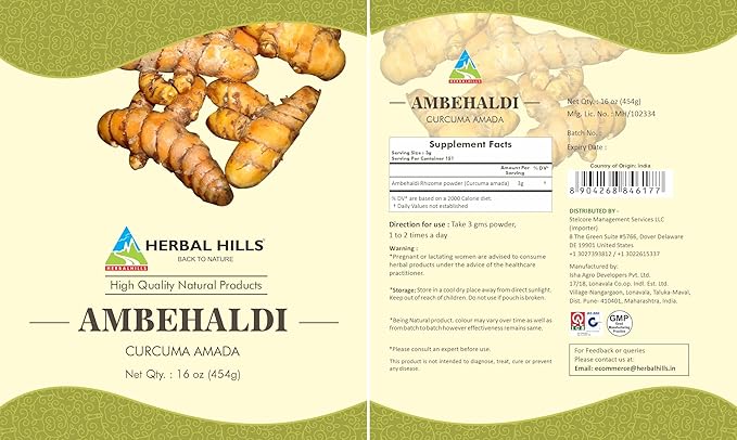 HERBAL HILLS Ambehaldi Powder Turmeric Powder/Amba Haldi/Curcuma Amada/Curcuma Longa/Turmeric Curcumin | 16 Oz (454 GMS)