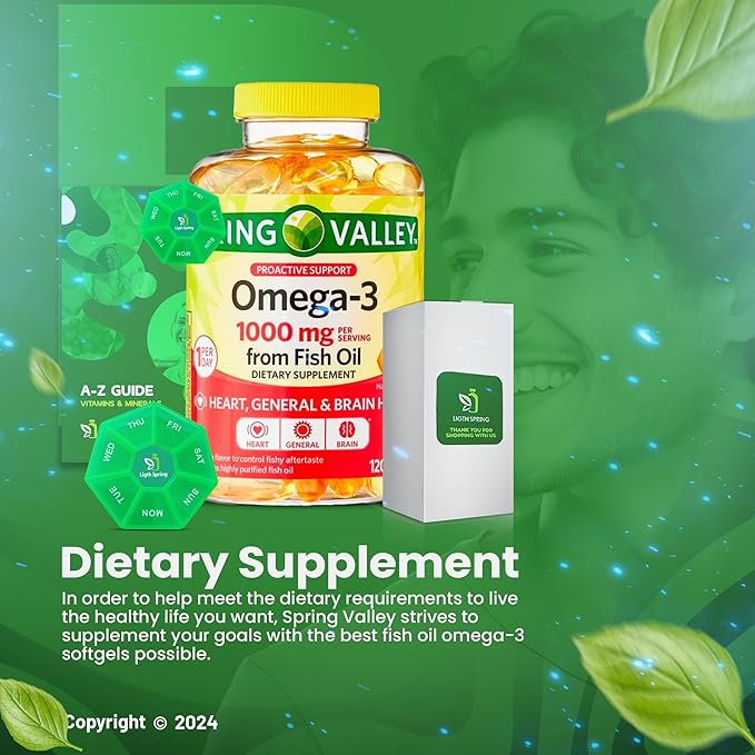 Omega-3 1000mg, from Fish Oil with 120 Softgels with Bundle Exclusive Better Ligth&Spring Guide + Weekly Pill Organizer (3 Items)