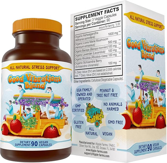 Stress, Mood, Energy Support - Ashwagandha Root, Lion's Mane & More - Good Vibrations Blend