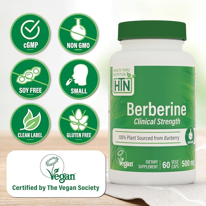 Health Thru Nutrition Berberine HCl 500mg 60 Servings | Clinical Strength Supplement | Certified Vegan | Non-GMO | Soy Free | 3rd Party Tested