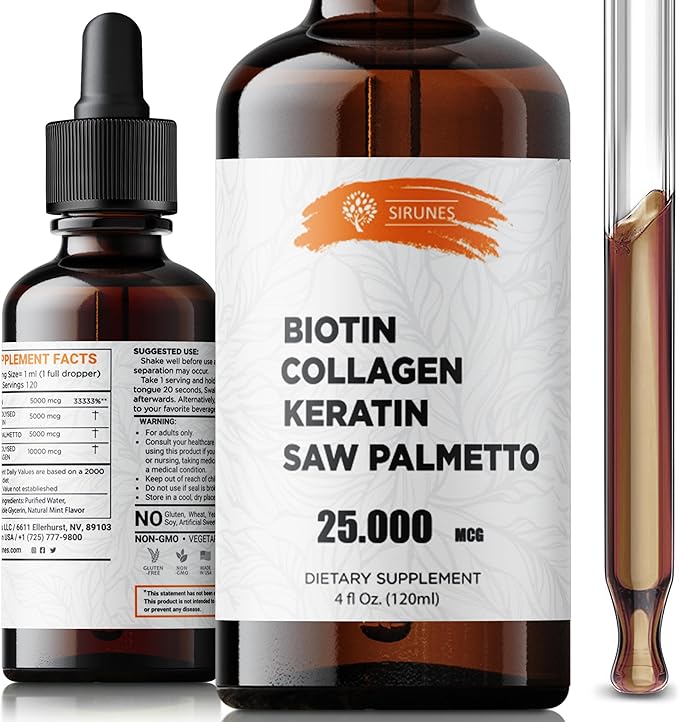 Liquid Collagen Supplements for Women - Comprehensive Formula Hair Skin Nails Supplement with 10000mcg Collagen 5000 mcg Biotin 5000 mcg Keratin 5000 mcg Saw Palmetto, Made in USA, 4fl oz