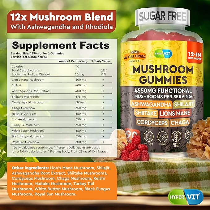 12in1 Mushroom Gummies 4550mg w Ashwagandha Shilajit Lion’s Mane Cordyceps Shiitake Chaga - Complex Mushrooms Supplement for Adults - Energy and Cognitive Focus – Sugar Free - 90 Count (45 servings)
