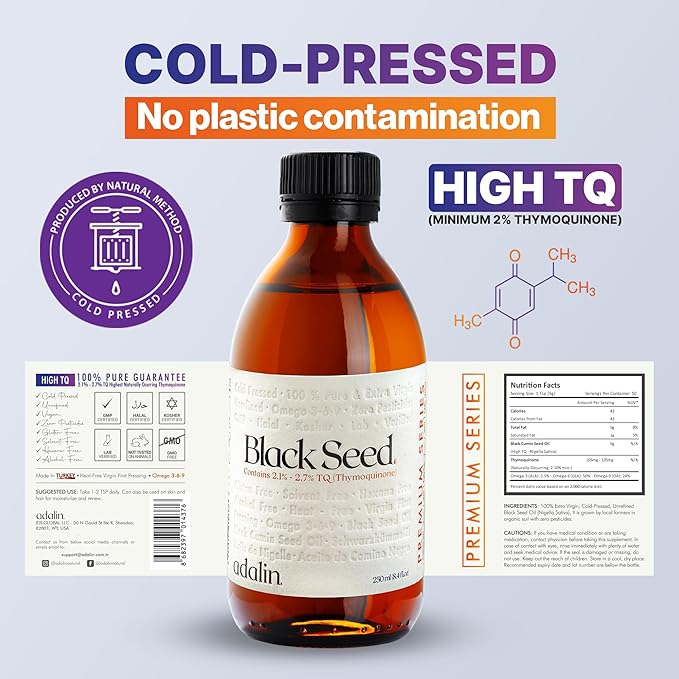 adalin Black Seed Oil Liquid 8.4 fl oz | Nigella Sativa Seed Oil | High Thymoquinone | Cold Pressed | Glass Bottle | Blackseed | Vegan | Gluten Free