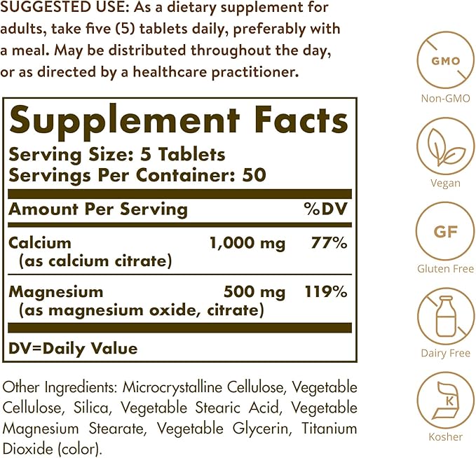 Solgar Calcium Magnesium Citrate, 250 Tablets - Supports Healthy Bones & Teeth - Musculoskeletal & Nervous System Support - Highly Absorbable - Non-GMO, Vegan, Gluten-Free, Dairy Free - 50 Servings