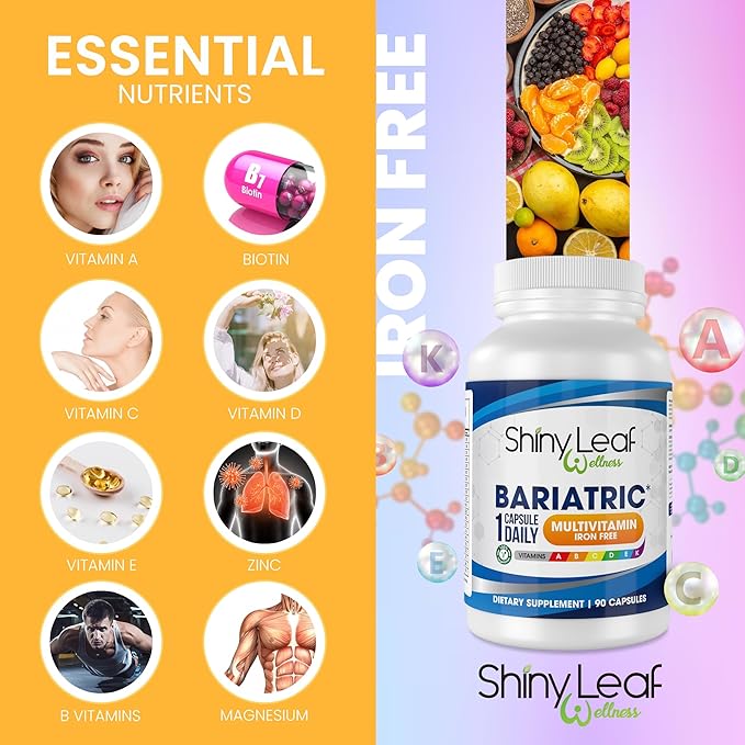 Shiny Leaf Bariatric Multivitamin Without Iron - Vitamins for Gastric Bypass & Sleeve, 1 Daily Capsule W Vitamin A, C, D, Biotin, Zinc, B12, K, Vegetarian, Soy-Free, GMP Cert., Made in USA (180 Ct.)