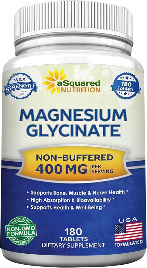 aSquared Nutrition Magnesium Glycinate 400mg - 180 Tablets - Max Strength Magnesium Bisglycinate Supplement -Maximum Bioavailability & Absorption-Non-GMO -Not Buffered-Supports Muscles, Bones & Heart