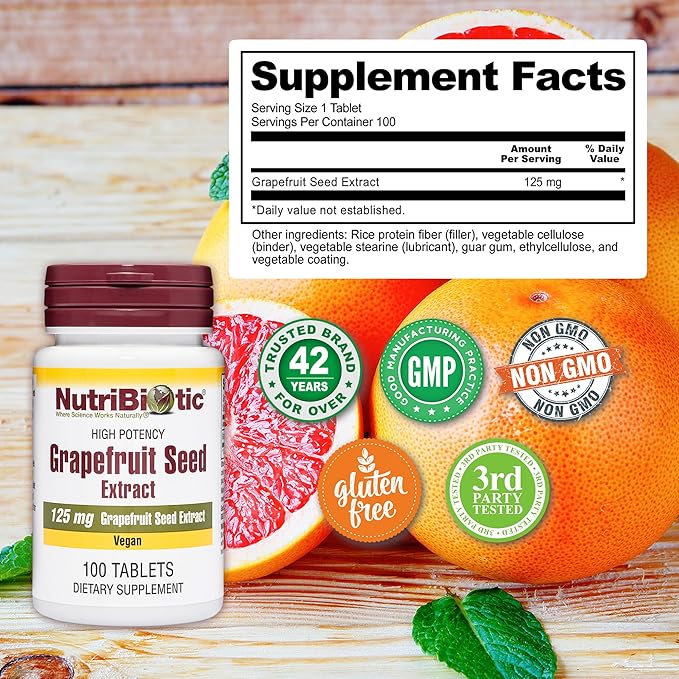 NutriBiotic – Grapefruit Seed Extract Tablets 125mg, 100 Count | Premium Grade GSE with Bioflavonoids | Potent Immune & Overall Health Support | Easy to Swallow | Vegan, Gluten Free, Non-GMO
