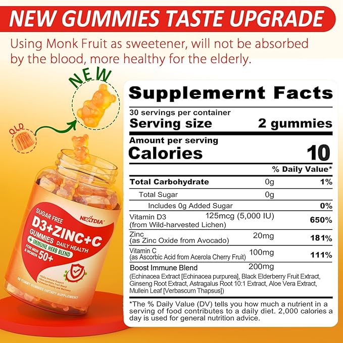 Bundle: Sugar Free Vitamin C + D3 + Zinc Gummies for Adults & Melatonin 10mg 20mg Night Time Metabolism Sleep Gummies