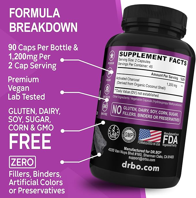 Activated Charcoal Capsules Cleanse Detox - 1200mg Organic Coconut Charcoal Pills for Stomach Gas and Bloating Relief for Men Women Kids - Active Capsules Powder Binder Activated Supplements for Gut