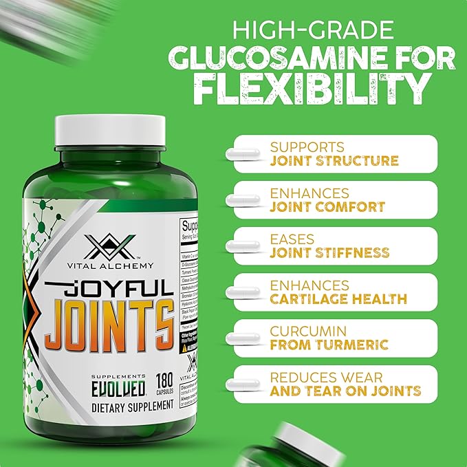 Vital Alchemy Joyful Joints Support Supplement for Women & Men with MSM, Glucosamine Sulfate 1500 mg,Turmeric Supplement with Hyaluronic Acid, Bromelain, Bioperine, 180 Cap, 60 Day Supply - USA Made