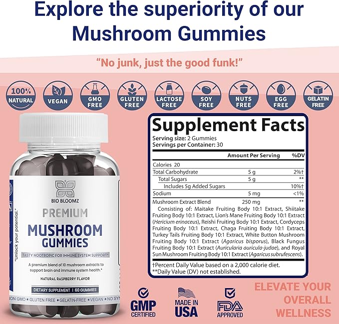 Premium Mushroom Gummies for Adults - Lion's Mane Supplement Gummy with Turkey Tail, Shiitake, Cordyceps, Reishi, Chaga, Maitake Mushroom Gummy - Energy Nootropics Brain Support Supplement