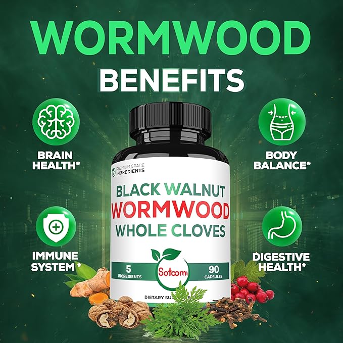 Satoomi 5 in 1 Wormwood Capsules Supplement - with Black Walnut Cloves Turmeric and Berberine HCl - 90 Capsules - Immune System & Digestion Health