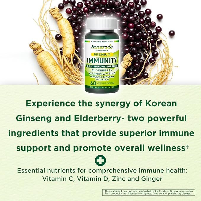 Premium 6-in-1 Immune Support – Vitamin C, D3, Zinc, Elderberry, Ginger & Korean Ginseng – Immune System Booster & Antioxidant Support – 60 Veg Capsules