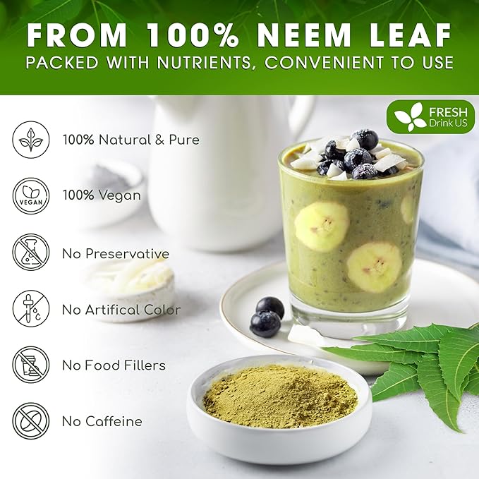 FreshDrinkUS, Premium 20oz Neem Leaf Powder, 100% Natural and Pure from Neem Leaves Dried, for Hair and Skin, No Additives, No Gluten, No Sugar, Vegan