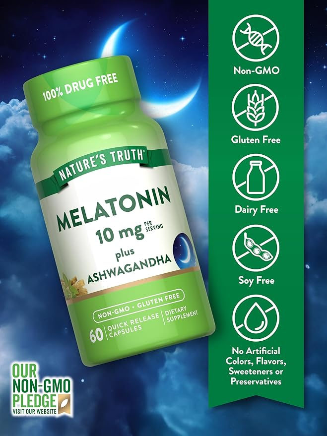 Nature's Truth Melatonin 10mg with Ashwagandha | 60 Capsules | Non-GMO & Gluten Free Supplement for Adults