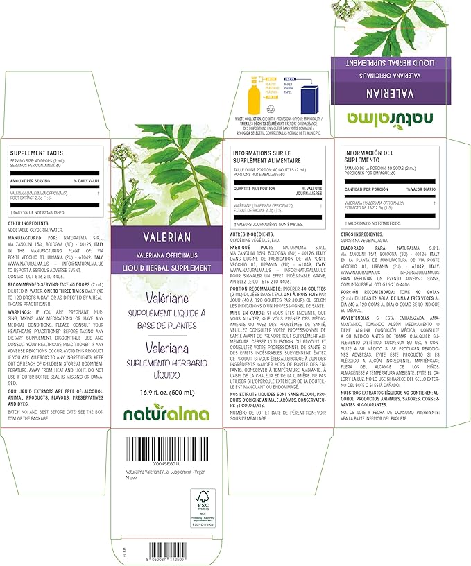 Naturalma Valerian (Valariana officinalis) Root Alcohol-Free Tincture - 16.9 fl oz Liquid Extract in Drops - Herbal Supplement - Vegan