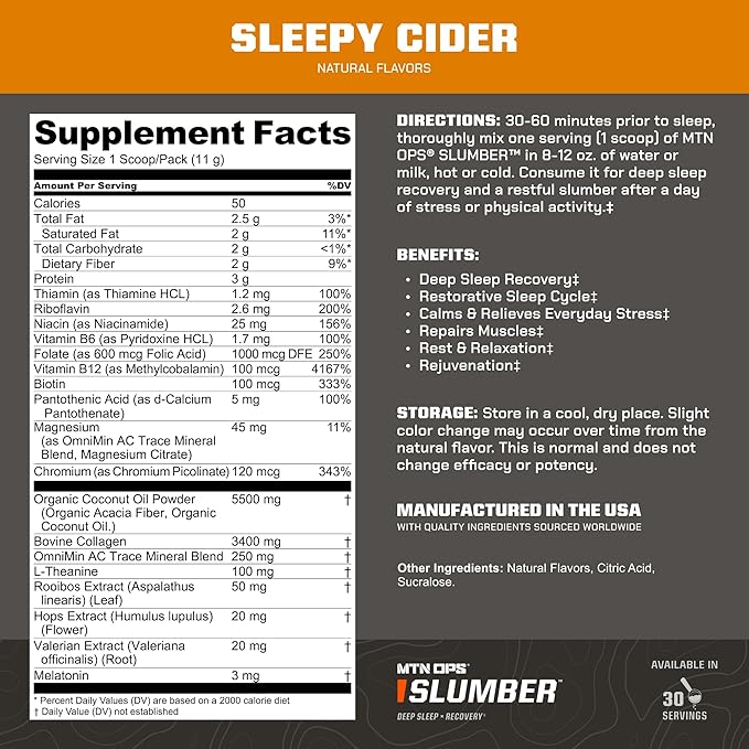 MTN OPS Slumber Sleep Aid for Muscle Recovery & Deep Sleep, Sleepy Cider Sleep Support Powder Drink Mix, 30 Servings