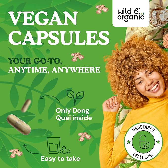 Wild & Organic Dong Quai Capsules for Women - 1000 mg per Serving - Dong Quai Root Supplement - 30-Day Supply - Traditional Angelica Sinensis - Non-GMO, Vegan - 60 Count