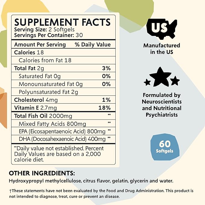 Omega-3 Supplement by PYM for Mood and Emotional Support (60 Count) | Omega-3 Fatty Acids, DHA, EPA & Vitamin E | Non-GMO, Gluten-Free, No Added Sugar