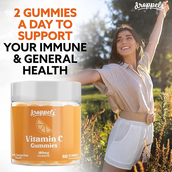Droppels Vitamin C Gummies, 180mg – Vegan, Pectin Plant-Based Immune Support Booster Supplement – Tangerine Flavor, 60 Count (1-Month Supply)