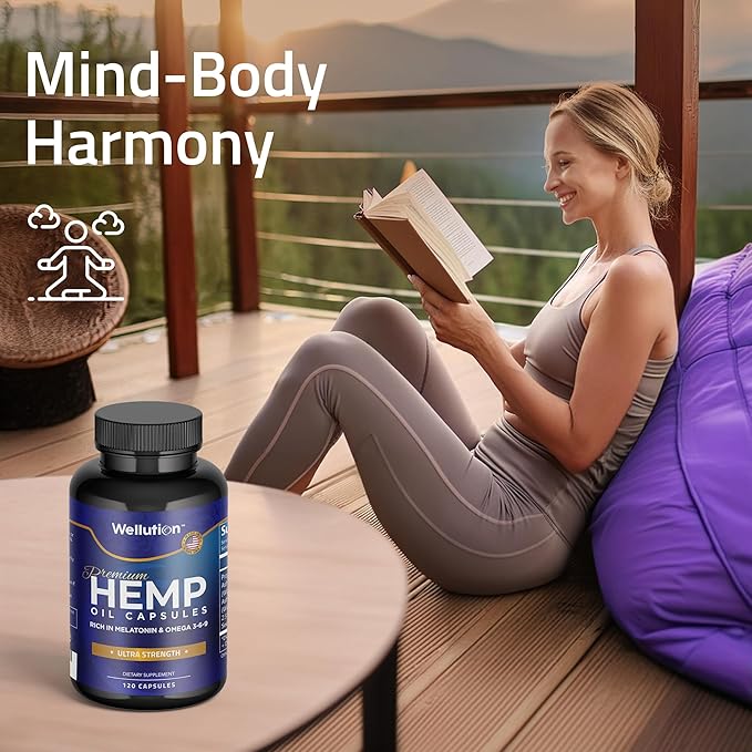 WELLUTION Hemp Oil Capsules - 120 Count - Stress & Sleep Support with Ashwagandha & Melatonin - Made in USA