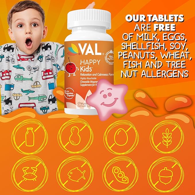 VAL Magnesium for Kids | High-Absorption Magnesium for Calm, Relaxation & Focus | Mg Glycinate, Citrate & Taurate | with Vitamin B6, D & C | Sugar-Free, Non-GMO | 60 Chewable Tablets