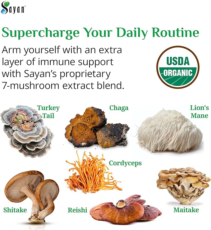 Sayan 7 Mushroom Extract 90 Capsules/440mg ea – Immune Support & Energy – Organic Chaga, Reishi, Lion's Mane, Maitake, Shiitake, Turkey Tail Adaptogen Blend – Vegan, Non-GMO, No Fillers or Additives