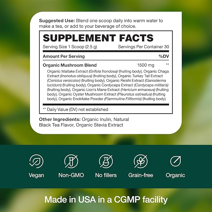 Fresh Nutrition Organic 8 Mushroom Complex Powder - Lion's Mane, Reishi, Cordyceps, Chaga, Enokitake, Turkey Tail, Maitake, and Oyster Mushrooms