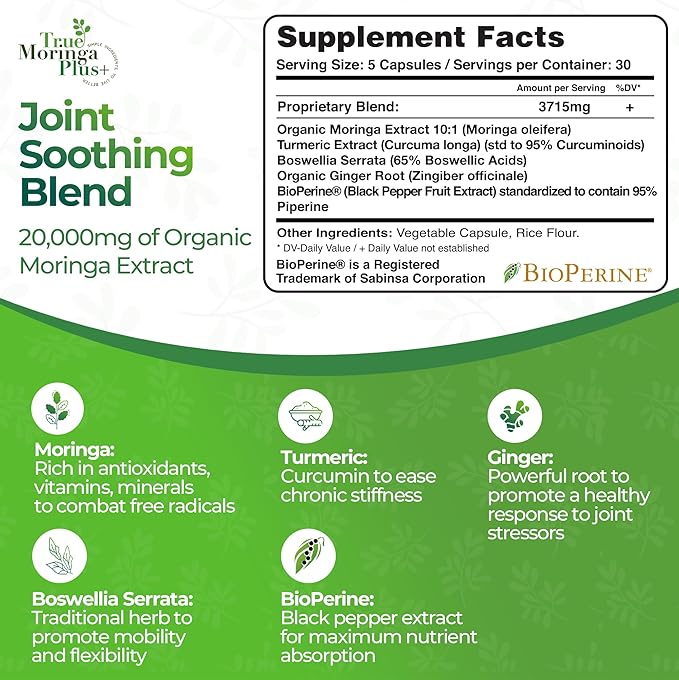 Joint Support Supplement 10:1 Extract | 20,000mg of Organic Moringa, Turmeric Curcumin, Ginger, Boswellia, BioPerine | Extra Strength Herbal Antioxidant for Adults (150 Capsules)