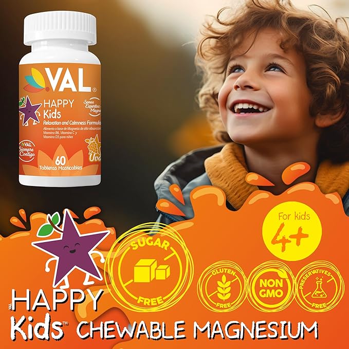 VAL Magnesium for Kids | High-Absorption Magnesium for Calm, Relaxation & Focus | Mg Glycinate, Citrate & Taurate | with Vitamin B6, D & C | Sugar-Free, Non-GMO | 60 Chewable Tablets
