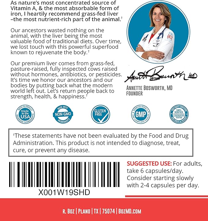 Dr. Boz - Beef Liver Capsules, 30 Servings - 4500mg Cow Liver - Energy, Immunity, & Health - Vitamin A, B12, Zinc, & Iron Supplement - Grass Fed & Pasture Raised Cows - Made in The USA - Self Care