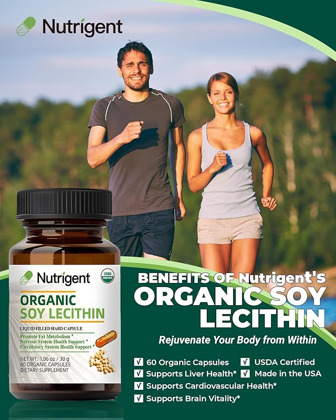 USDA Organic Soy Lecithin Supplement 800 mg, High Absorption Liquid Organic Capsules, Choline Lecithin Supplement for Brain & Liver Health Support, Non-GMO, Gluten Free, 60 Count