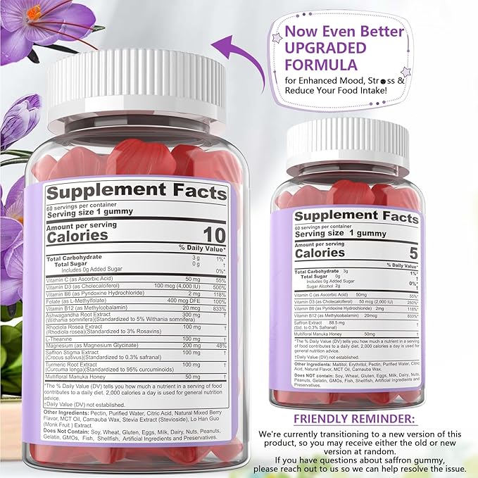 NEVISS Saffron Gummies - Saffron Supplement 100% Pure Saffron Extract Whole Herb Gummies with Honey for Mood & Power, Vitamin B6, B12, D3, C - Sugar Free - Organic, Vegan, Mixed Berry Flavor - 60Cts