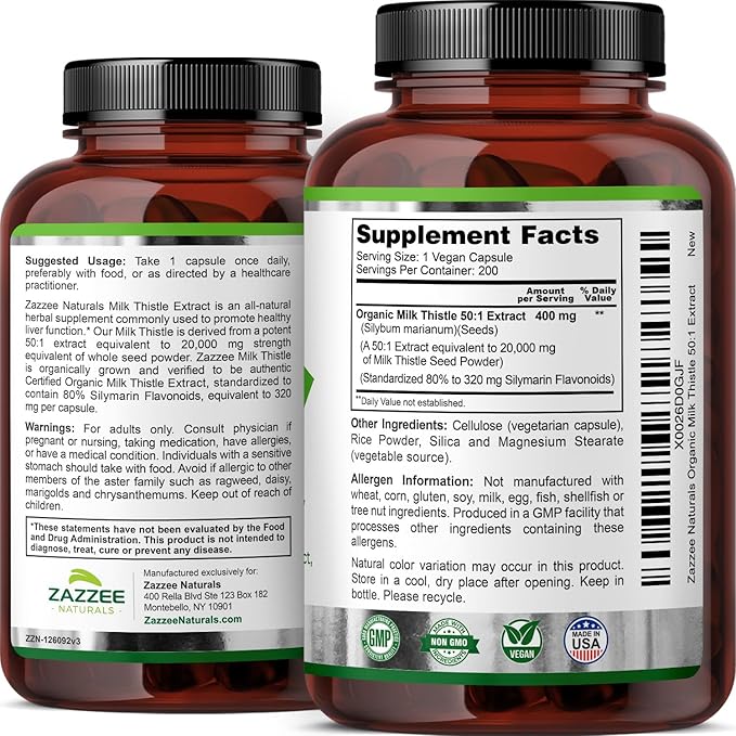 Zazzee Organic Milk Thistle 50:1 Extract, 20,000 mg Strength, 200 Vegan Capsules, 80% Silymarin Flavonoids, Over 6 Month Supply, Standardized and Concentrated 50X Extract, All-Natural and Non-GMO