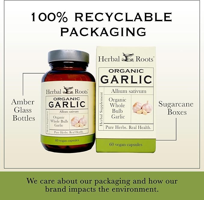 Herbal Roots Organic Whole Bulb Garlic Pills - Potent Extra Strength | 600 mg - 60 Organic Vegan Capsules
