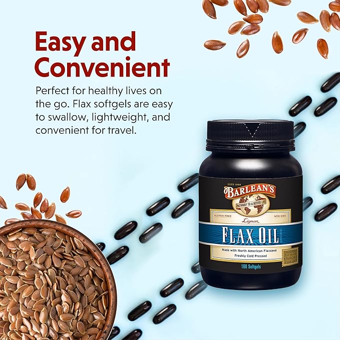 Barlean's Lignan Flaxseed Oil Softgels, Cold-Pressed Flax Seed Supplement with 1,550 mg ALA Omega-3 Fatty Acids, 1000mg, 100 ct