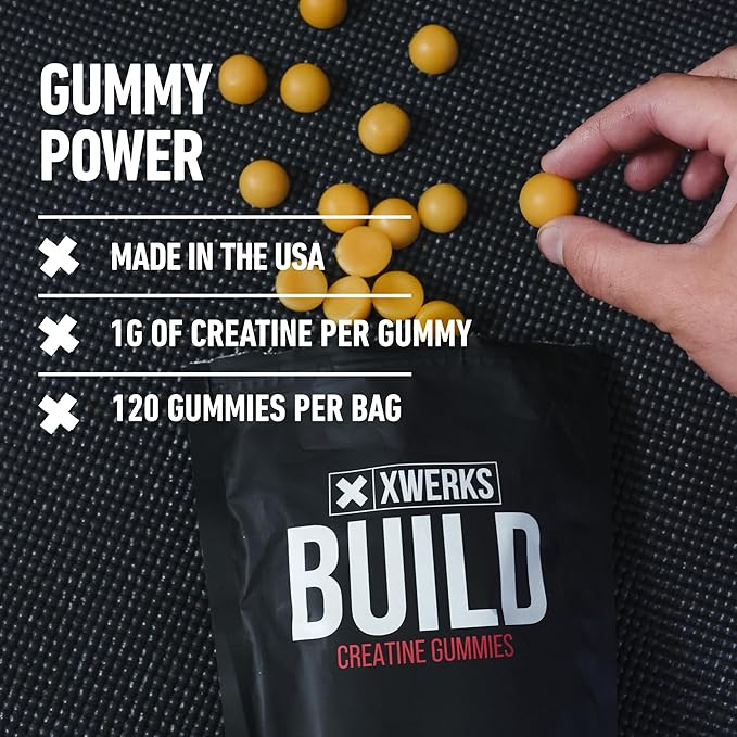 Xwerks Build Creatine Gummies for Men & Women, 120 Count, 100% Pure Creatine Monohydrate, Lemon Flavored Muscle Building Gummy (4g per Serving) Pre Workout Anti-Melting Gummies (5,000mg