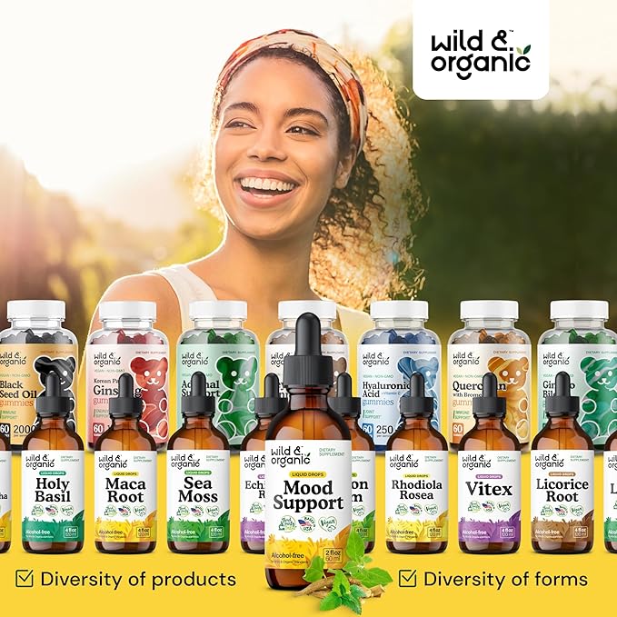 Wild & Organic Mood Support Drops - Good Mood Supplements w/Ashwagandha Root & Rhodiola Rosea - Natural Liquid Drops for Positive Energy - Calm and Relax Supplements for Women and Men - 2 oz
