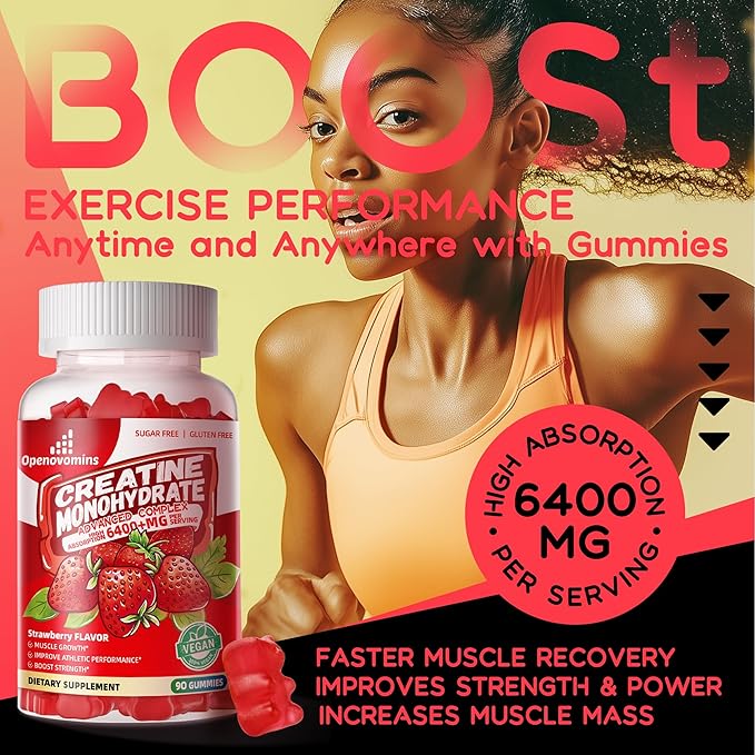 Creatine Monohydrate Gummies Complex for Men & Women -Advanced Formula W/L-Taurine + Vitamin B12, Sugar Free Chewable Supplement,180 Strawberry Gummies 2pack