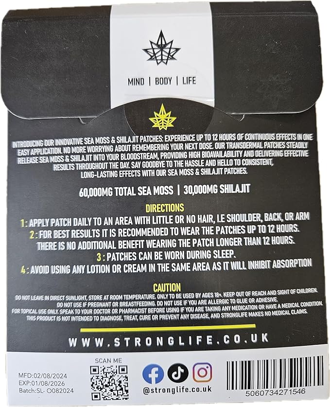 Stronglife Shilajit 500mg & Sea Moss 1000mg Transdermal Patches – 60 Patches High Absorption, Like Capsules and Resin, Easy to Use, Long-Lasting,