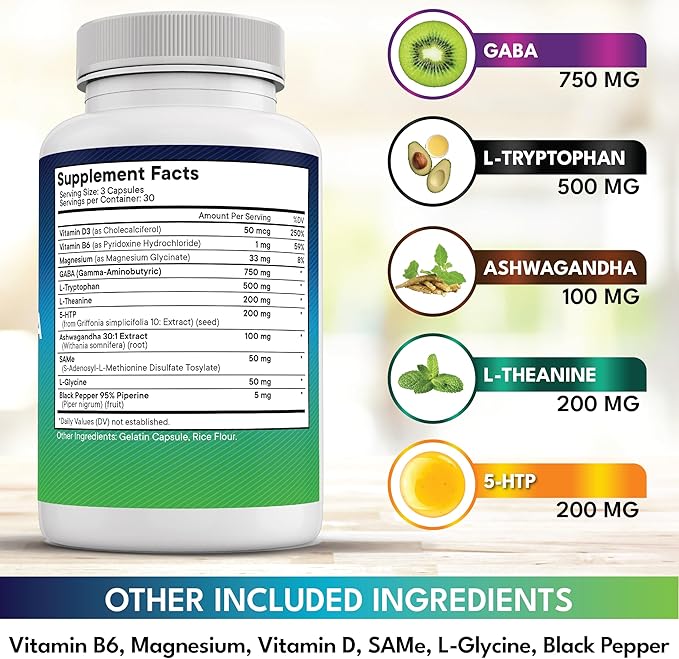 NEW AGE GABA 750mg 5 HTP 200mg L Tryptophan 500mg L Theanine 200mg Ashwagandha SAM-e L-Glycine - Vitamins for Women and Men with L-Tyrosine 5-HTP (5-Hydroxytryptophan) - 180 Count